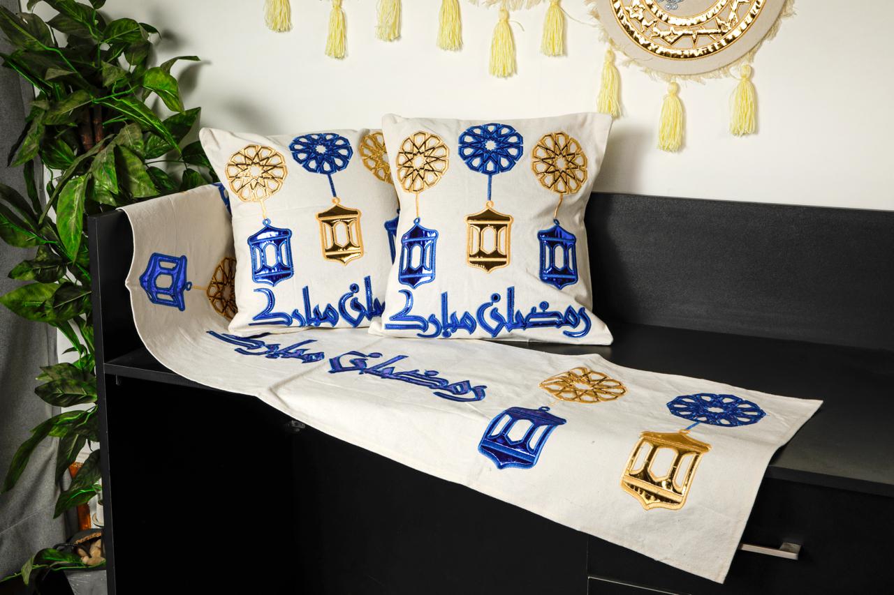 طقم رانر و٢ كفر كوشن تطريز - Embroidered runner & 2 cushion cover set