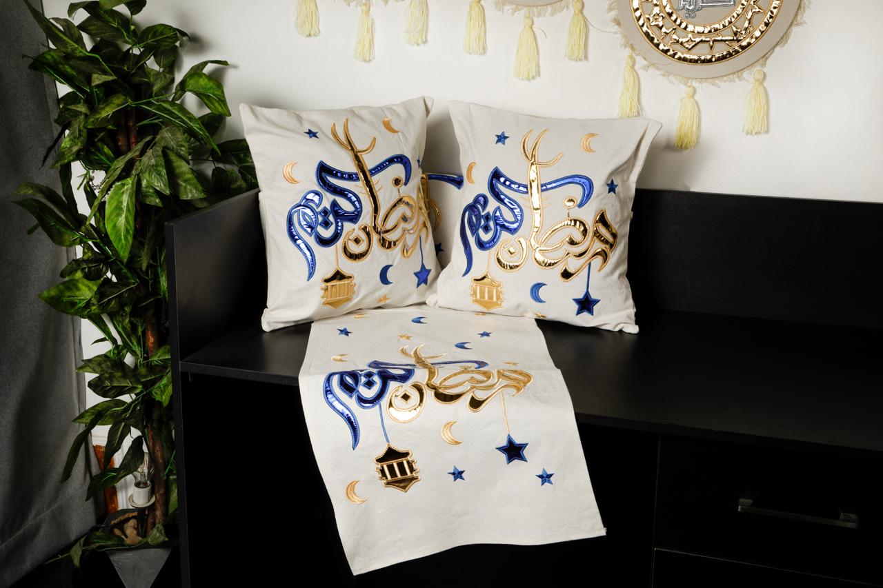طقم رانر و٢ كفر كوشن تطريز - Embroidered runner & 2 cushion cover set