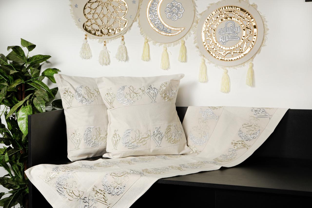 طقم رانر و٢ كفر كوشن تطريز - Embroidered runner & 2 cushion cover set