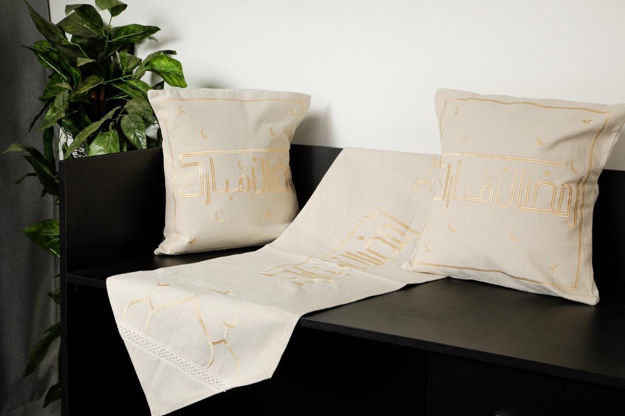 طقم رانر و٢ كفر كوشن تطريز - Embroidered runner & 2 cushion cover set