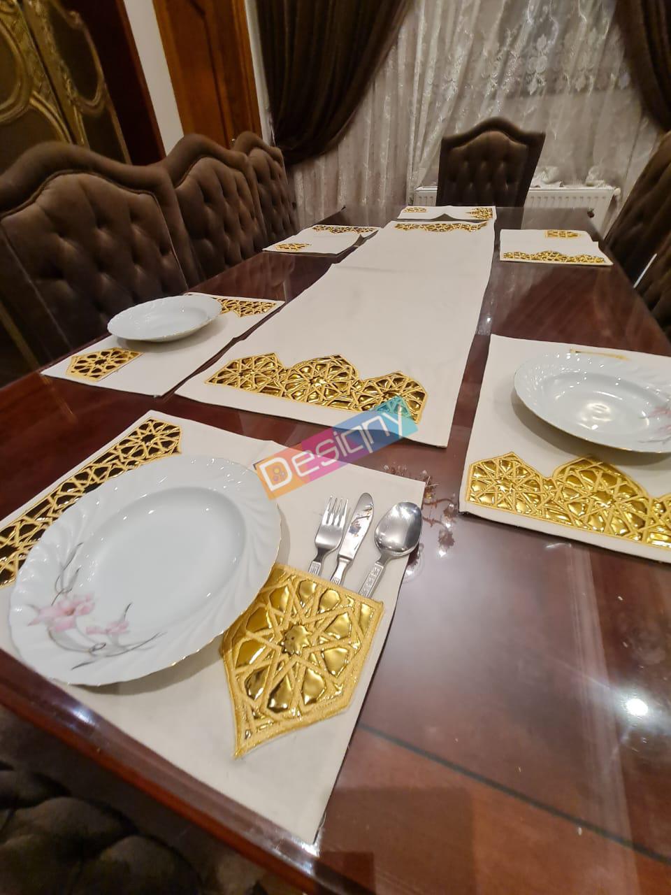 طقم سفرة مطرز بجلد مستورد بارز - Embroidered dining table set with raised imported leather