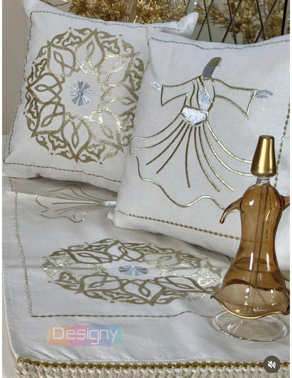 طقم رانر و٢ كفر كوشن تطريز - Embroidered runner & 2 cushion cover set