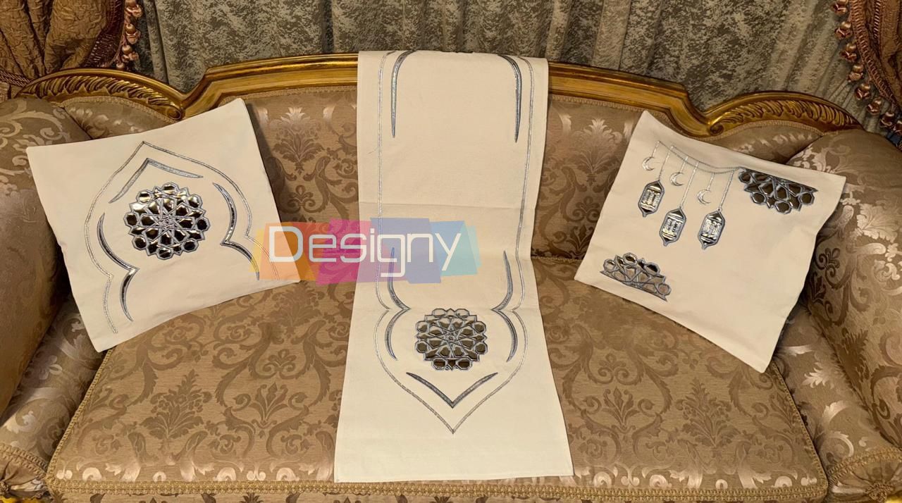 طقم رانر و٢ كفر كوشن تطريز - Embroidered runner & 2 cushion cover set