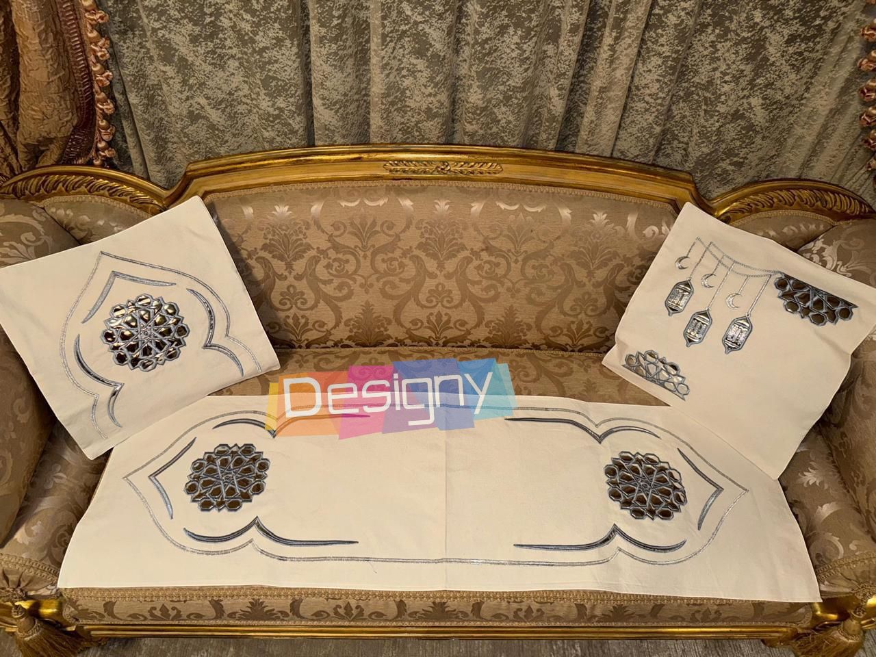 طقم رانر و٢ كفر كوشن تطريز - Embroidered runner & 2 cushion cover set