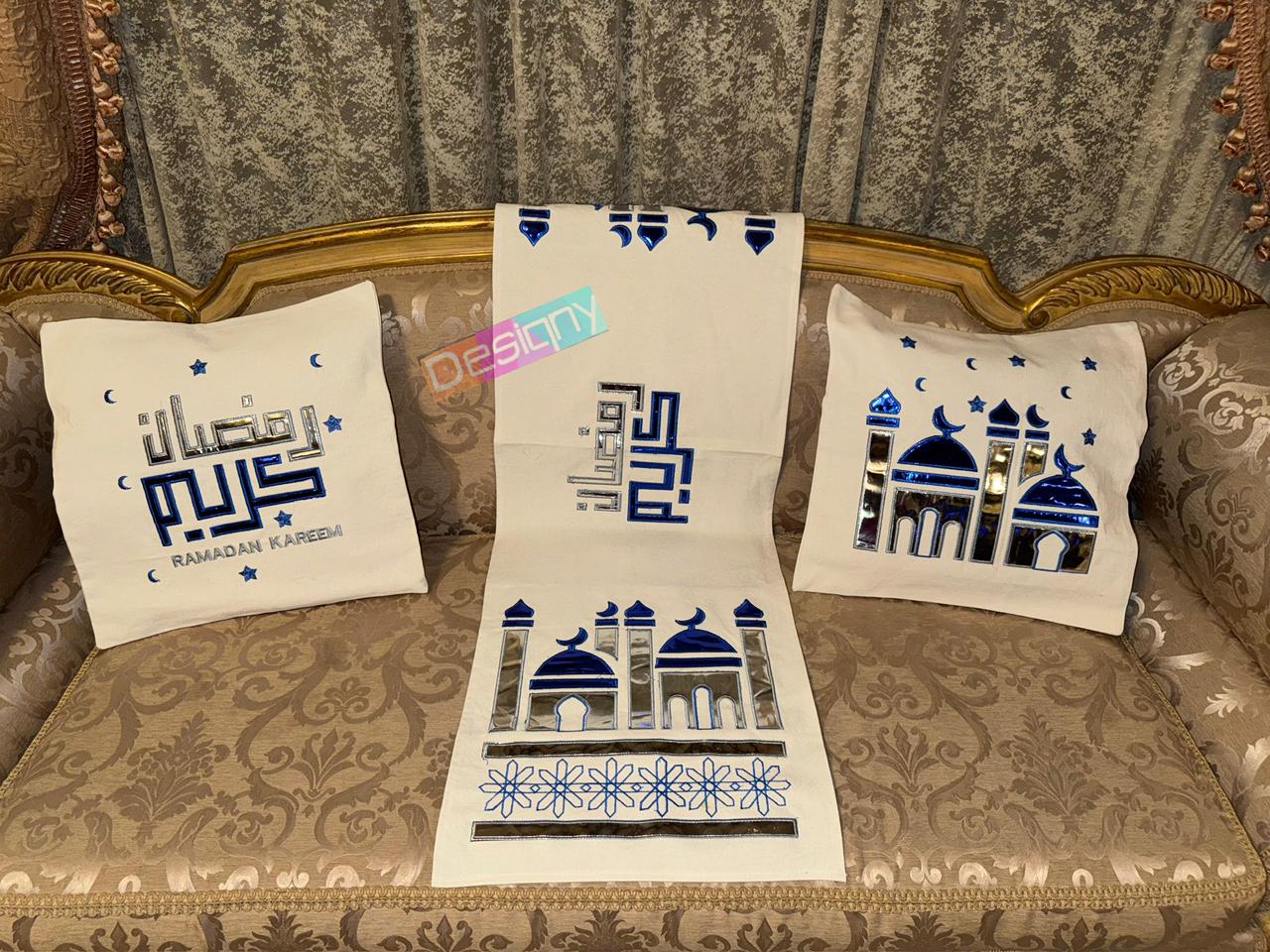 طقم رانر و٢ كفر كوشن تطريز - Embroidered runner & 2 cushion cover set