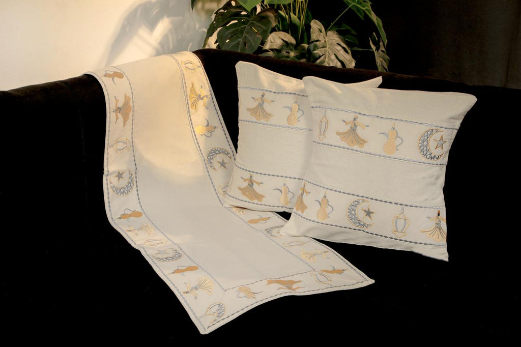 طقم رانر و٢ كفر كوشن تطريز - Embroidered runner & 2 cushion cover set