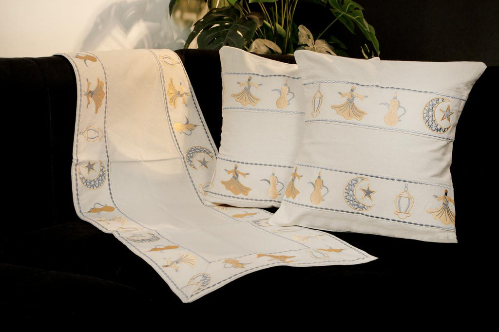 طقم رانر و٢ كفر كوشن تطريز - Embroidered runner & 2 cushion cover set