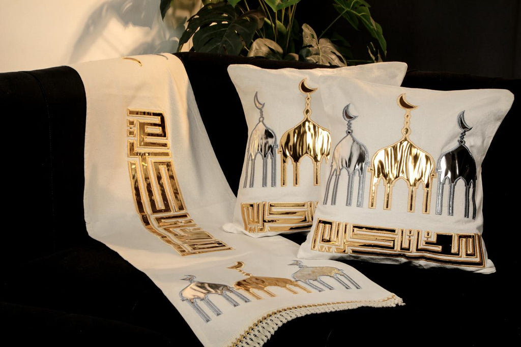 طقم رانر و٢ كفر كوشن تطريز - Embroidered runner & 2 cushion cover set