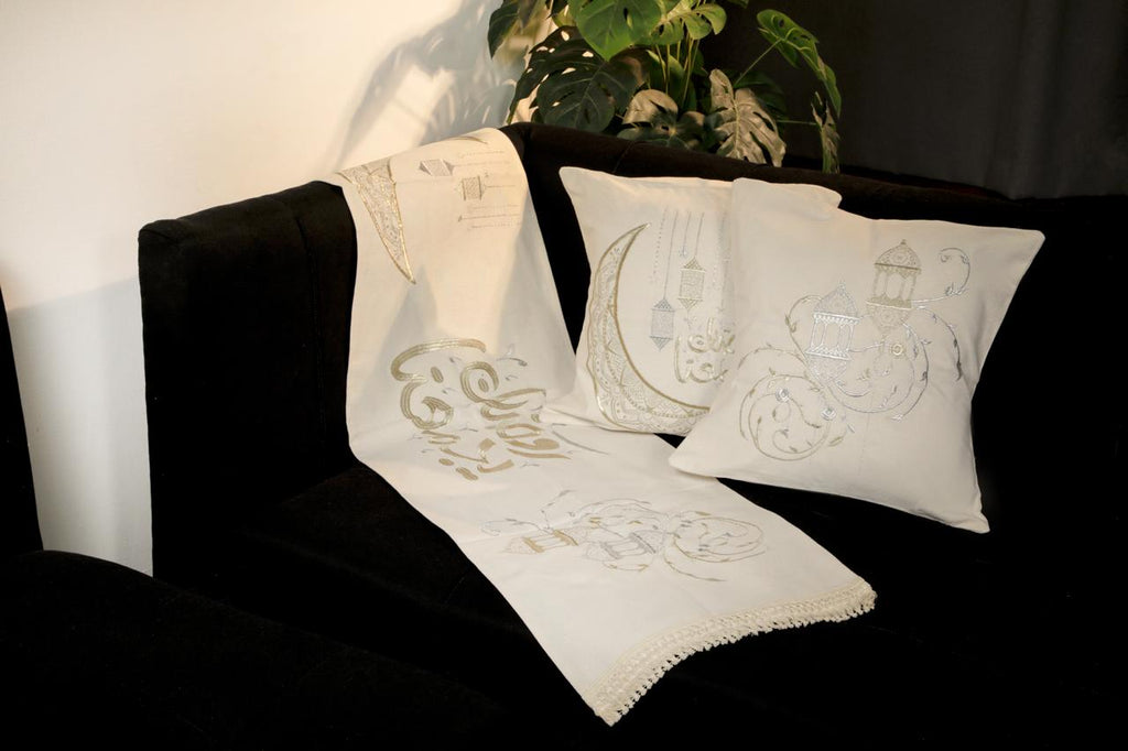 طقم رانر و٢ كفر كوشن تطريز - Embroidered runner & 2 cushion cover set
