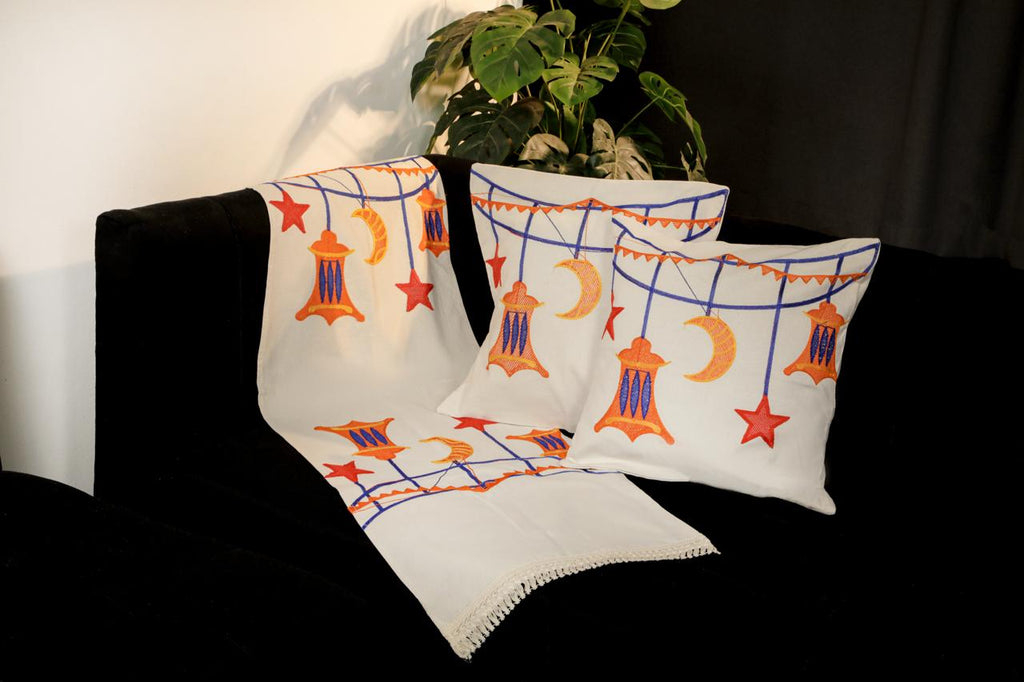 طقم رانر و٢ كفر كوشن تطريز - Embroidered runner & 2 cushion cover set
