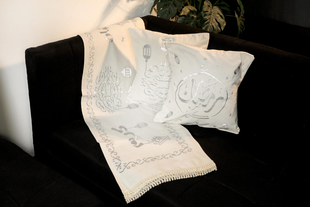 طقم رانر و٢ كفر كوشن تطريز - Embroidered runner & 2 cushion cover set