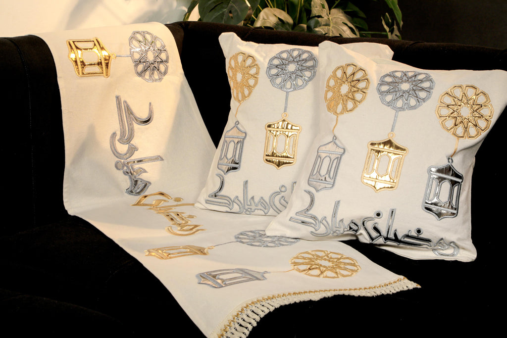 طقم رانر و٢ كفر كوشن تطريز - Embroidered runner & 2 cushion cover set