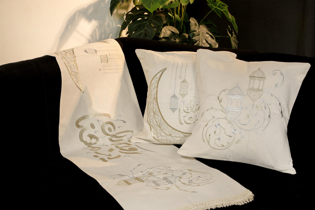 طقم رانر و٢ كفر كوشن تطريز - Embroidered runner & 2 cushion cover set