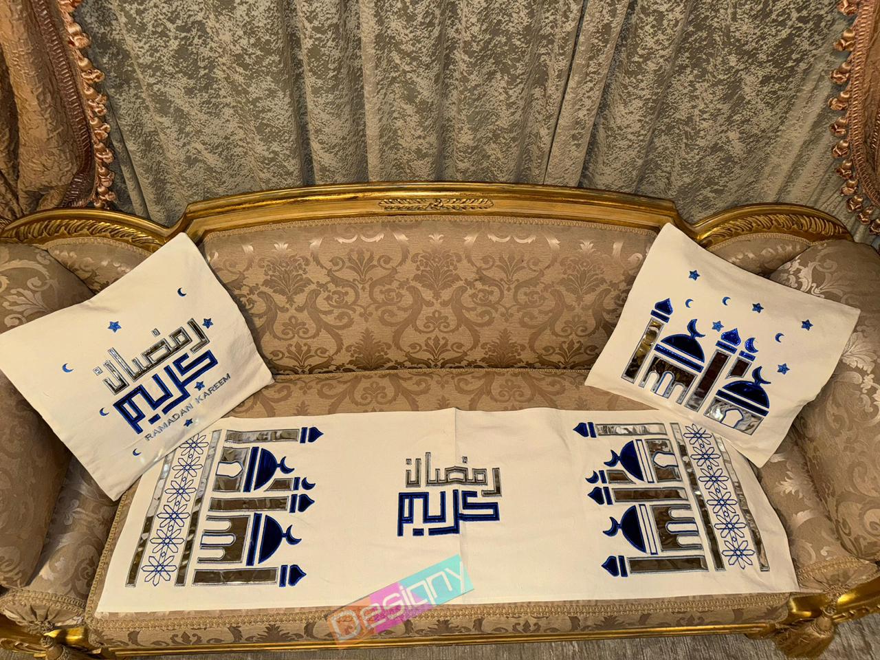 طقم رانر و٢ كفر كوشن تطريز - Embroidered runner & 2 cushion cover set