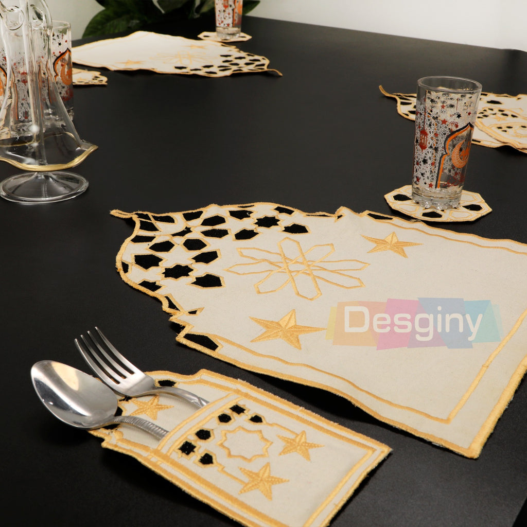 طقم سفرة مطرز بجلد مستورد بارز - Embroidered dining table set with raised imported leather